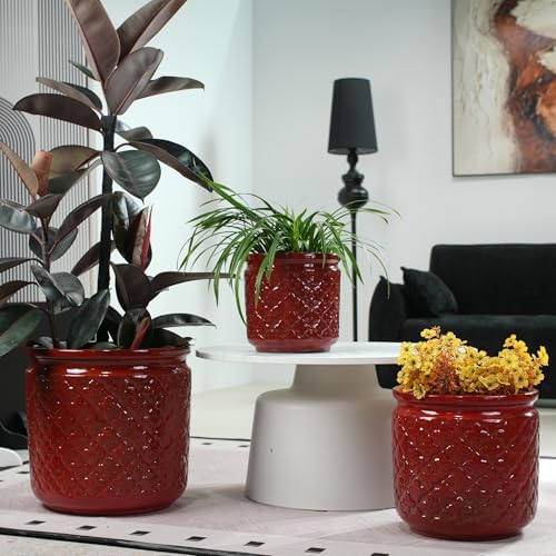 3 PCS Ceramic Planter, 9/12/15 Inch Deep Cylinder Planter with Drainage Hole, Large Plant Pots for Tree Foliage - Red - Image 6