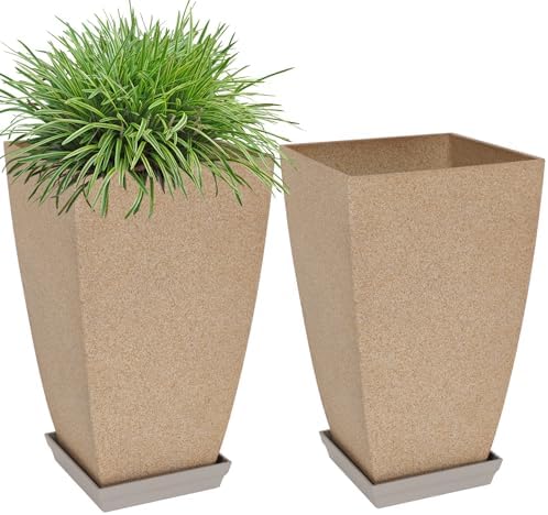 Neoaider Set of 2 Tall Planter, 21 inch Large Plastic Planter, Marble by Neoaider