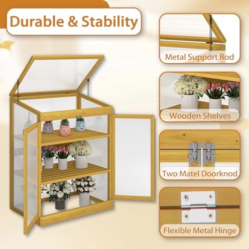 SwingIt Wooden Cold Frame Greenhouse, 2-Tier Polycarbonate Mini Garden Greenhouse Cabinet, Durable Pine Wood Frame Keep Plants Warm Greenhouse Cabinet, Adjustable Shelves, Ideal for Outdoor, Brown - Image 4