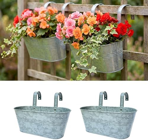 LaLaGreen Hanging Rail Planter (11.2 in, 2 Pack) Silver Metal Fence Pot by L%C3%A1L%C3%A1Green