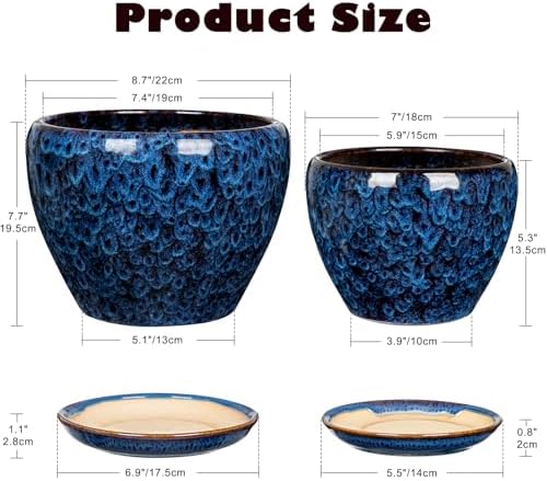 Hollyone 9+7 Inch Ceramic Planter Set of 2 Blue Ceramic Plant Pot for Plants Flowers with Drainage Hole and Saucers Ceramic Glaze Round Plant Pot Indoor Outdoor Large Succulent Orchid Flower Pot - Image 2