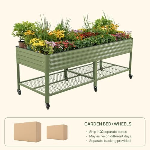 Rolling Elevated Raised Garden Beds, 3' x 8' Outdoor Planters Boxes with Legs & Storage Rack for Patio, 2000+ Lbs Weight Capacity, Raised Beds for Gardening Herbs Flowers, Olive Green - Image 3