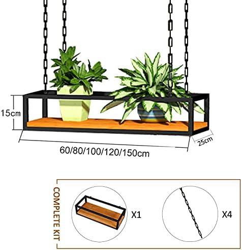 Retro Ceiling Flower Shelf/Plant Stand, with Chain Article and Wood Holder Storage Shelving for Balcony Kitchen, Living Room Restaurant Hanging Decor Racking - Wine Holder - Pot Pan Rack - Image 2