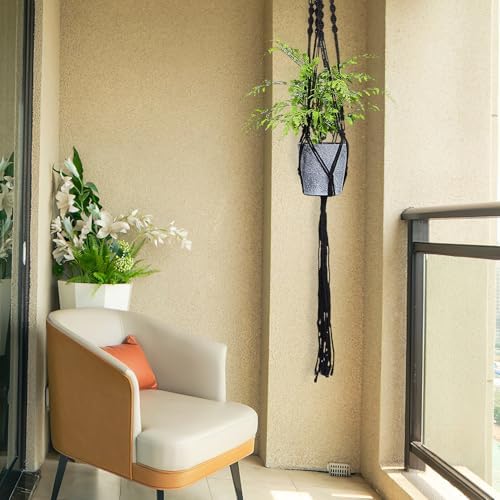 Kisangel 4 Pcs Black Macrame Plant Hangers for Indoor Ceiling Flower Pots, 100cm Cotton Rope Hanging Planter Basket Set for Balcony Decoration and Wall Mounted Garden Use - Image 4