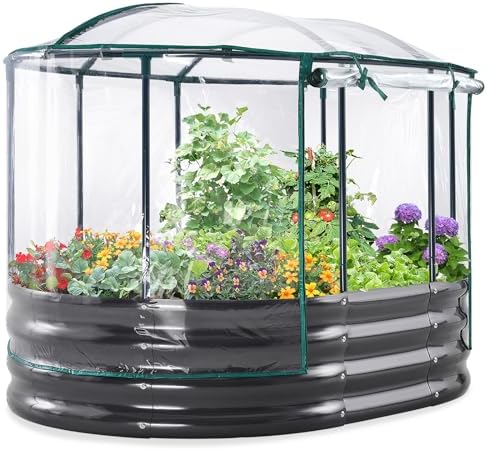 KING BIRD Raised Garden Bed with Cover Galvanized Oval Planter Garden Box Outdoor for Gardening, Vegetables, Flowers 47.2x35.4x11.8 in, Clear by KINGBIRD