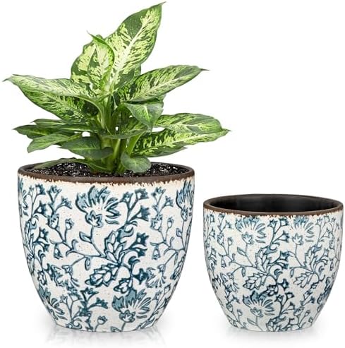 Vintage Flower Pot Blue and White Plant Pot Large Ceramic Planters for Indoor Plants Pots with Drainage Shabby Chic Planter Pots for Succulents Cactus Herb Snake Plants Outdoor Garden, 7.6/5.5 Inch by GnFlus
