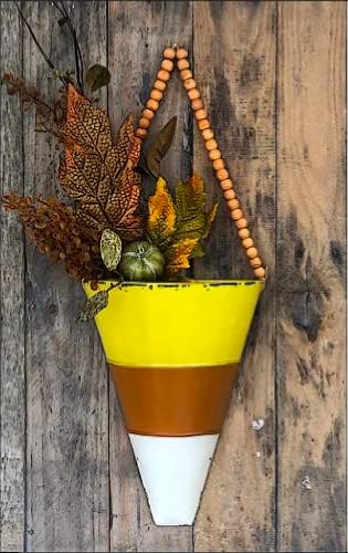 Candy Corn Decor Scone Hanging Half Planter Fall Autumn Halloween Metal Decoration Rustic Indoor Outdoor Accent Home Office Party Accessory (Wall Planter) - Image 4