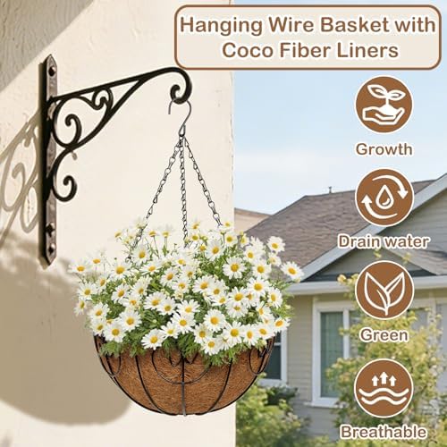 12 inch Metal Hanging Baskets for Plants Outdoor, 4 Pack Metal Wire Hanging Basket Planter with Coco Liner Flower Pots for Indoor Outdoor Garden Porch Patio, Heart-Shaped - Image 2