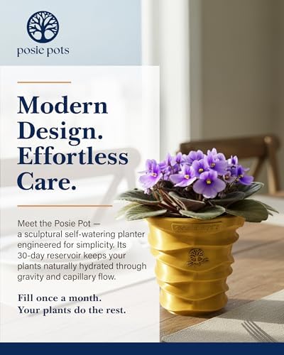 Posie Pot Medium Wave Self Watering Planter for Indoor Plants - 5x5 Inch Patented Pot with 10X Water Reservoir - Modern 3D Printed Desk Planter - Root Rot Free - Eco Friendly, Made in USA, Gold - Image 2