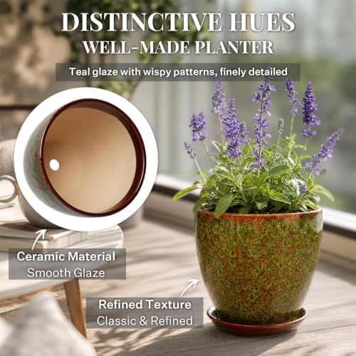 8 Inch Ceramic Planter with Drainage Hole Saucer(Spotted Green) - Image 3