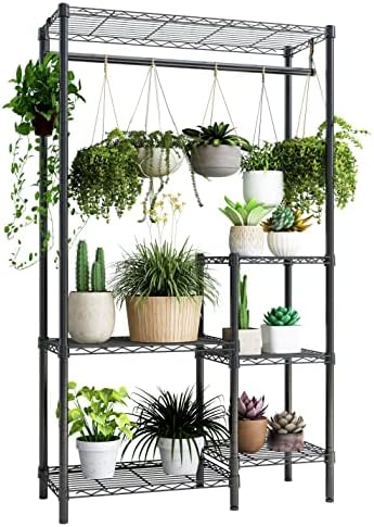 Xiofio Plant Stands for for Indoor Outdoor, Heavy Duty Metal Plant Stand,large Plant Shelf,Adjustable Plant Shelves With Hanging Rod for Living Room,Balcony,Garden,Black by XIOFIO