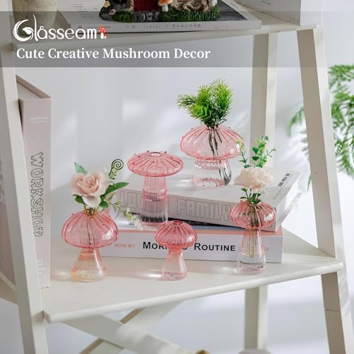 Glasseam Mushroom Glass Bud Vase Set of 5, Pink Small Vases for Flowers - Image 3