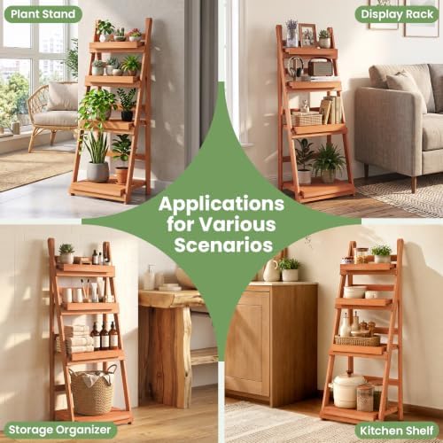 GIANTEX Foldable Wooden Plant Stand, 4-Tier Ladder Plant Shelf, Orange - Image 4