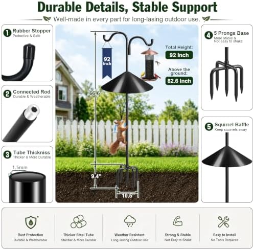 Gtongoko Squirrel Proof Bird Feeder Pole, 92" Shepherds Hook with Baffle - Image 4