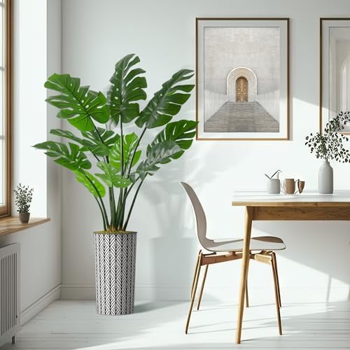 Artificial Tree in Black and White Geometric Planter, Fake Monstera Silk Tree for Indoor and Outdoor Home Decoration - 65" Overall Tall (Plant Pot Plus Tree) - Image 6