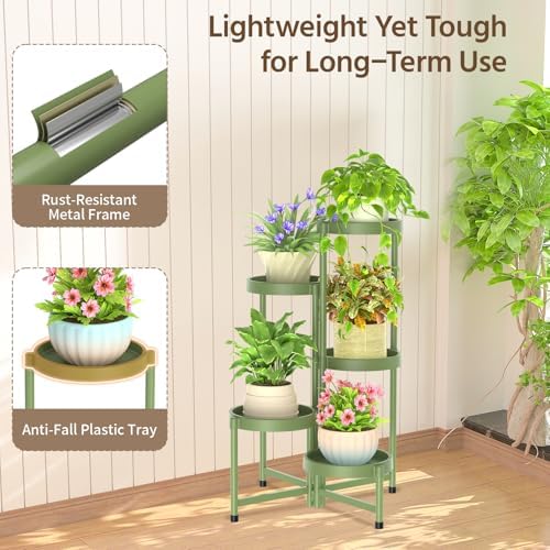 LASZOLA Plant Stand Indoor Outdoor Tall with Plastic Tray, 5 Tiers Green - Image 4