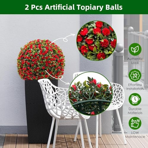 17.7 Inch Artificial Hanging Topiary Balls Set of 2, Faux Flower Balls for Garden Patio Wedding Valentine's Day Decor, Outdoor Indoor Hanging Decorations for Porch Front Door Party,Red - Image 2