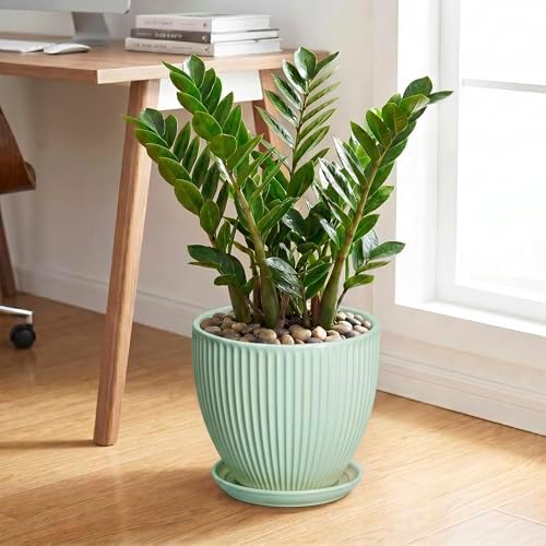 10 Inch Planter Indoor, Ceramic Pots with Saucer, Mint Green - Image 3