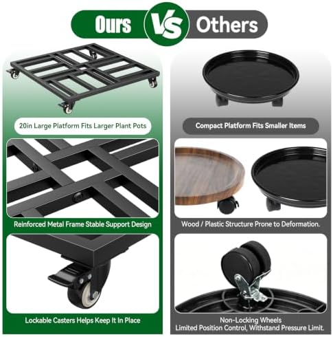 20" Plant Caddy with Wheels, Rolling Metal Plant Stand Holds up to 600 lbs, Square Plant Dolly with Lockable Caster Wheels for Large Planter Pots, Heavy Items, Indoor and Outdoor Use (black) - Image 5