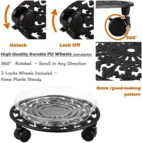 3 Pack Plant Caddy with Wheels, PlanterHoma 14 Inch Metal Plant Stand with Wheel Heavy Duty Wrought Iron Planter Dolly Rolling Stand Plant Roller with Caster for Indoor and Outdoor with 3 Pack Saucers - Image 5