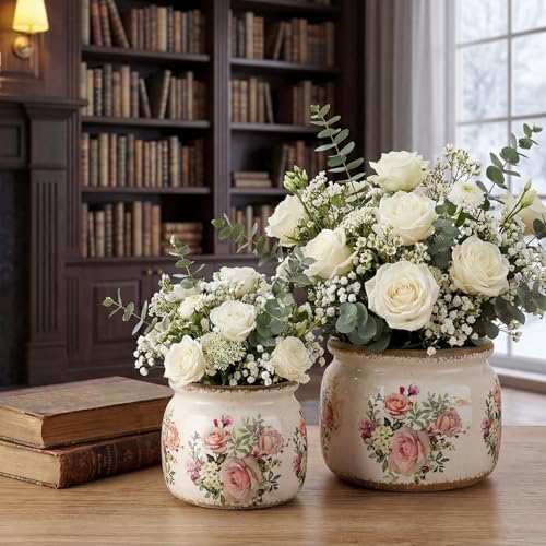 2 Pcs Vintage Planter Ceramic Plants Pot with Drainage Ice Crack Scroll Flower Vase Pot for Indoor Outdoor Plants Home Kitchen Decor Gifts(Country Rose,7.7" & 5.9") - Image 6
