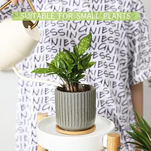 4 Inch Ceramic Plant Pot with Saucer, Creative Stripe Grey-Green Small Planters Pots with Drainage Hole and Mesh Pads for Succulent, Cactus, Herbs - Set of 4 - Image 5