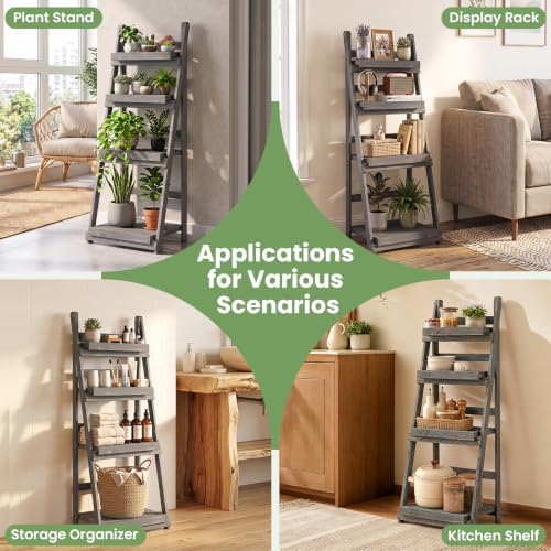 GIANTEX Foldable Wooden Plant Stand, 4-Tier Ladder Plant Shelf, Grey - Image 5
