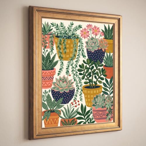 Framed Canvas Wall Art Bohemian Gouache Succulents in Pots Mustard Navy and Coral Canvas Print Poster Gold Frame Wall Decor for Living Room Office Botanical Art, Boho Decor - Inch 16x20 - Image 5