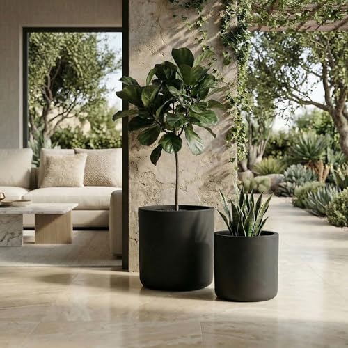 16" Round Concrete Outdoor Planter Pots Set of 2, Rustic Large Planter Pots with Drainage Holes for Home Front Porch Garden Patio, 13" x 13" & 16" x 16", Black - Image 2