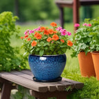 10 Inch Plant Pot, Ceramic Planter with Drainage and Saucer, Blue - Image 3