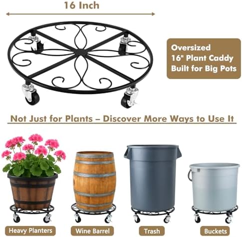4 Pack Plant Caddy with Wheels 16 Inch Rolling Plant Stand for Large Plants Heavy Duty Plant Rollers Metal Plant Dolly Rustproof Planter Stand Wrought Iron Plant Stands Flower Cart Indoor Outdoor - Image 3