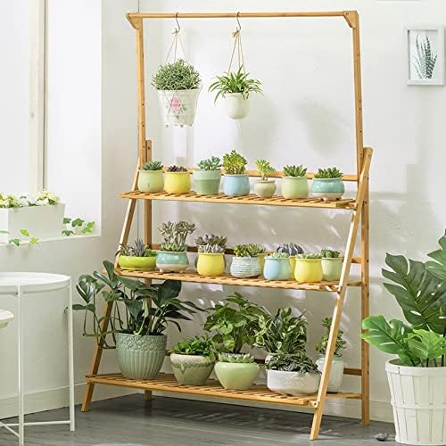 LIGUOYI 3-Tier Ladder Plant Stand Hanging Garden Display Shelf, Bamboo Plant Pot Holder H 56'' Folding Potted Plants Display Ladder Shelf Sturdy Durable for Home Storing Plants Flowers by LIGUOYI