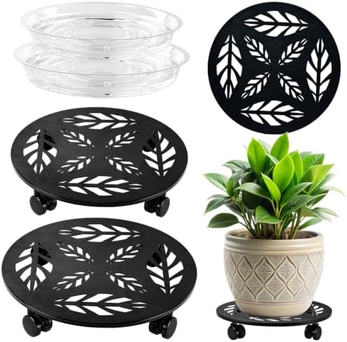 Planterhoma 2 Packs 12/14 Inch Rolling Plant Stand with Wheels Metal Plant Caddy with Wheels Heavy Duty Plant Rollers with Wheels Round Wrought Iron Plant Stand with Clear Saucers, Matte Black by Planterhoma