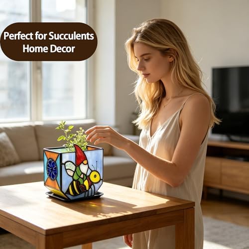 Stained Glass Gnome on Bee Planter,Cute Plant Pot with Drainage for Indoor Plants, Unique Gnome Gifts for Women, Garden Bee Decor for Succulents - Image 5