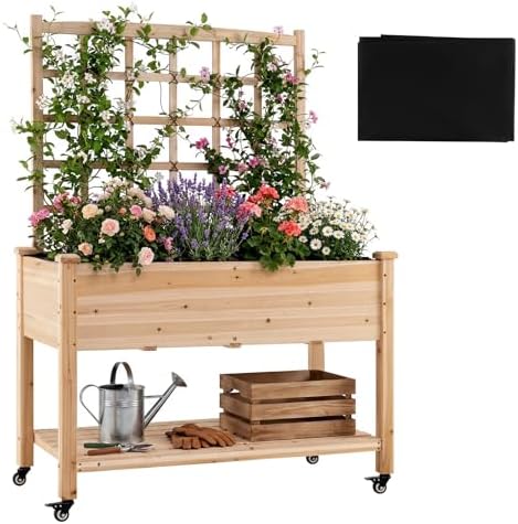 GIANTEX 65'' Wooden Raised Garden Bed w/Trellis on Wheels, Mobile Elevated Planter Box w/Legs, Liner & Drainage Holes for Climbing Plant Vegetable Herb Flower, Outdoor Garden Box, Backyard Balcony by Giantex