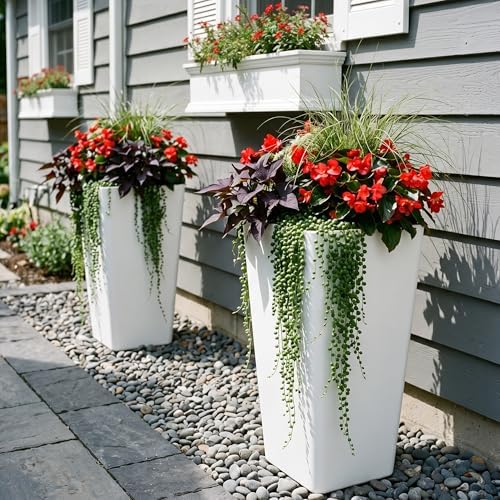 KOL Planters for Outdoor Plants, 28 Inch Tall White Flower Pots 2 Pack, Large Plastic Plant Pots with Drainage Hole and Dual-Purpose Tray, Decorative Indoor Planter for Front Porch Patio Garden - Image 6