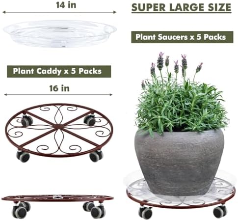 5 Pack Plant Caddy with Wheels Heavy Duty 16 Inch Large Metal Plant Stand with Wheels Plant dolly Rolling Plant Stand Plant Roller with Casters for Indoor and Outdoor with 5 Pack Plant Saucers, Bronze - Image 3