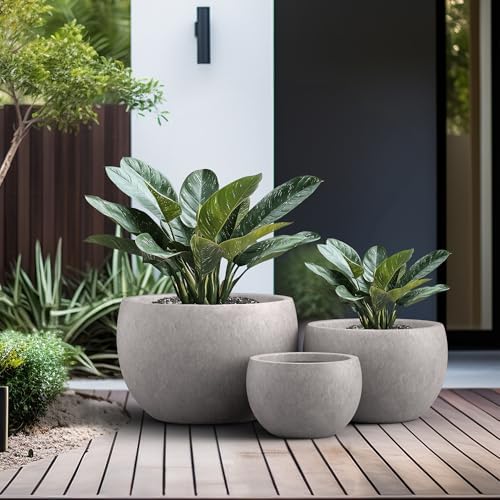 Kante Set of 3 CON Gray Concrete Bowl Planters 19.9" 15.7" 11.8" Dia - Image 4