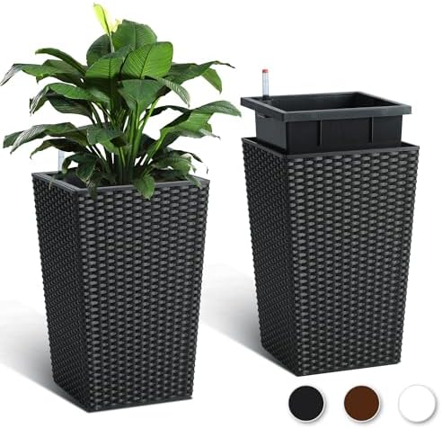 GarveeLife 16 Inch Tall Rattan Planter Set of 2, Large Self-Watering Pot with Water Level Monitor Outdoor and Indoor for Patio, Porch, Living Room, or Home Office, Black by GarveeLife