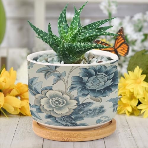On Flax Blue Chinoiserie Planters Ceramic Blue Grey Asian Flower Round Plant Pots with Drainage Holes and Bamboo Tray Pot for Outdoor Garden Home Plant - Image 6
