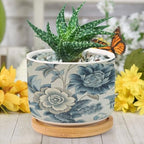 On Flax Blue Chinoiserie Planters Ceramic Blue Grey Asian Flower Round Plant Pots with Drainage Holes and Bamboo Tray Pot for Outdoor Garden Home Plant - Image 6