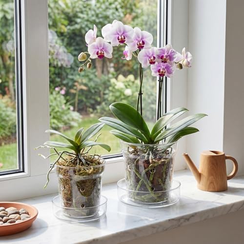 Baderke 2 Pcs Orchid Pot with Drainage Holes and Tray Transparent Glass Pot Planter for Orchids Flower Repotting Anti Slip Glass Plant Vase for Indoor Outdoor Home Decor (4 Inch + 6 Inch) - Image 4