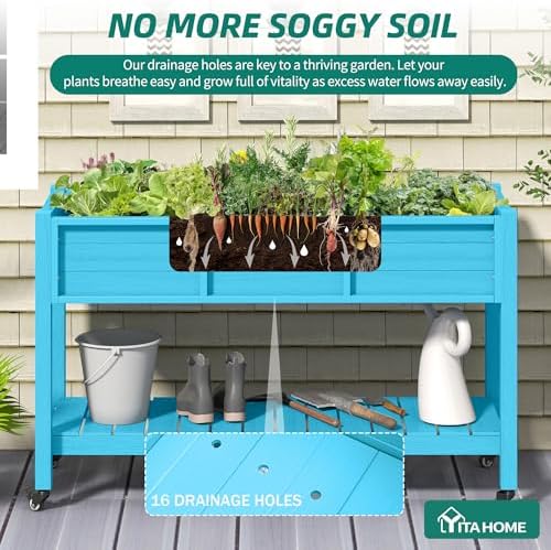 YITAHOME Raised Garden Bed HDPE, 47x18x31In Raised Flower Bed Poly-Wood Weather-Resistant Elevated Planter Box with Lockable Wheels & Storage Shelf for Vegetable Flower, Aruba Blue - Image 4