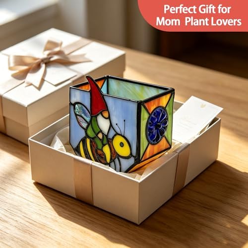 Stained Glass Gnome on Bee Planter,Cute Plant Pot with Drainage for Indoor Plants, Unique Gnome Gifts for Women, Garden Bee Decor for Succulents - Image 6