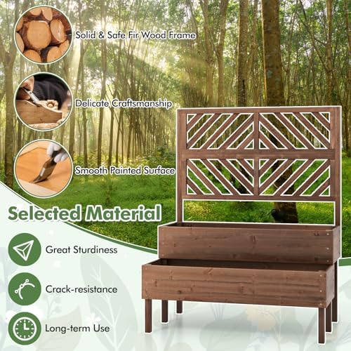 Raised Garden Bed with Trellis & 2 Planter Boxes, 2-Tier Outdoor Wooden Elevated Planter Box with Legs & Drainage Holes, Gardening Planters for Flowers, Herbs, Vegetables & Fruits(Brown) - Image 3