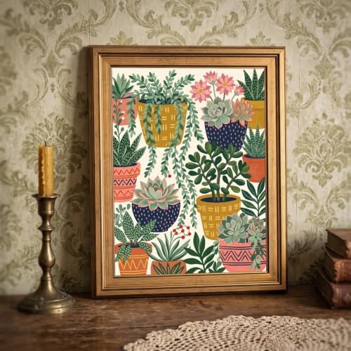 Framed Canvas Wall Art Bohemian Gouache Succulents in Pots Mustard Navy and Coral Canvas Print Poster Gold Frame Wall Decor for Living Room Office Botanical Art, Boho Decor - Inch 16x20 - Image 6