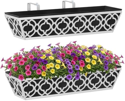 Y&M 2Pcs 24'' Railing Planter Box Set with Black Non-Woven Fabric Liner, Flower Boxes with Adjustable Brackets, Large Metal Hanging Window Boxes for Fence, Deck, Balcony, and Garden by YM