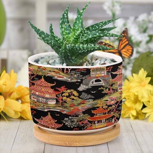 Chinoiserie Coral Asian Ceramic Planters Chinoiserie Chic Asian Pots for Plants with Drainage Holes and Saucers Pot for Home Office Desk Garden - Image 6