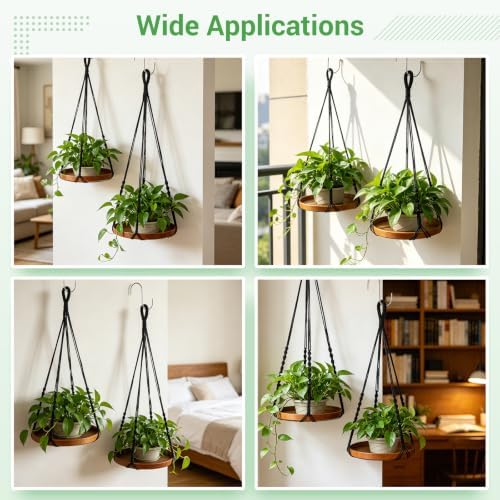 2 Pack Macrame Plant Hanger, 41'' & 32'' Plant Hanger Indoor Set with 12'' & 9.8'' Wood Trays, Bohemian Hanging Planter with Hooks for Living Room Window, Home Decor - Image 6
