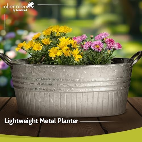 Headwind Decorative Planter - Oval Galvanized Tubs Planter with Handles – 16.5 Inch Lightweight Steel Indoor Oval Plant Pot with Drainage Holes – Large Galvanized Tub Flower Bucket – Outdoor Planter - Image 2